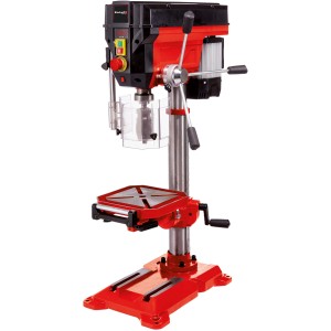 Trapano a colonna Einhell TE-BD 750 E, rosso/nero, con tavolo di foratura e display digitale.