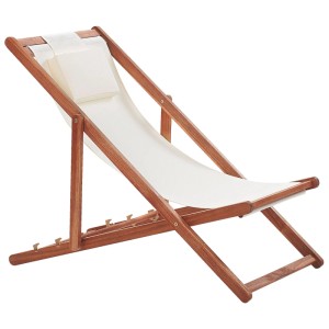 Lettino prendisole Beliani Avellino in legno di acacia con rivestimento bianco crema e poggiatesta.