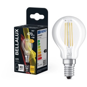 Bellalux E14 LED-Lampe in Tropfenform, 4W, warmweiß, mit Filament und Verpackung.