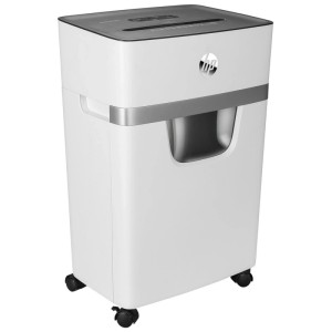 Weißer HP Aktenvernichter OneShred 10MC mit Mikroschnitt, 20L Behälter und Rollen für Büro.
