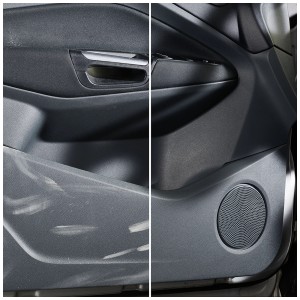 Vorher/Nachher: Auto-Türverkleidung gereinigt mit Sonax Auto Innenreiniger.