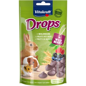 Vitakraft Drops ai frutti di bosco, snack per roditori senza zucchero in sacchetto verde con immagine di roditore.
