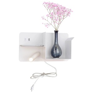 Applique murale LED Mondilux Benno gauche avec étagère, blanche, avec lampe, port USB et décoration.