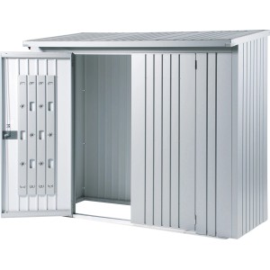 Abri de jardin WoodStock 230 argenté ouvert avec pack de porte et système de rangement à l'intérieur.