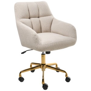 Chaise de bureau Beliani Palmdale beige clair, tissu bouclé, piètement doré et roulettes.