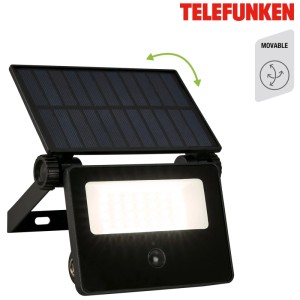 Faretto solare a LED Telefunken con sensore, alluminio/vetro, nero, 1000 lumen. Lampada da parete solare con pannello orientabile.