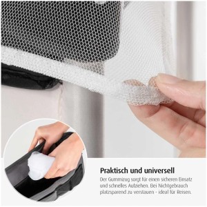 Reer BiteSafe Insektenschutznetz für Kinder- und Reisebetten, Weiss, Detailaufnahme Netzstruktur und Packmass.