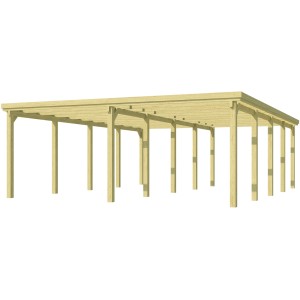 Doppio carport in legno Weka, tetto piatto, 603x612 cm, senza pannelli per il tetto. Costruzione stabile con pali.