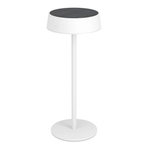 Weiße EGLO LED Solar Tischleuchte SIMERI mit Touchdimmer und Solarpanel, geeignet für den Außenbereich.