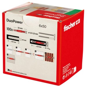 Emballage de chevilles universelles Fischer DuoPower 6x50, 100 pièces. Chevilles pour une fixation sûre dans divers matériaux de construction.