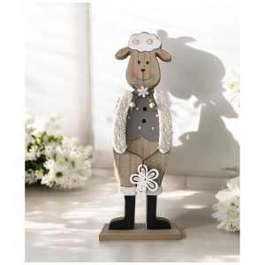 Pecora decorativa in legno (grigio-bianca, alta 39 cm) per decorazioni pasquali.