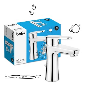 Miscelatore lavabo cromato baliv WT-5060 con elementi squadrati e rotondi.