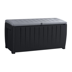 Coffre de rangement Novel Keter, noir et gris, coffre de coussins verrouillable pour meubles de jardin.