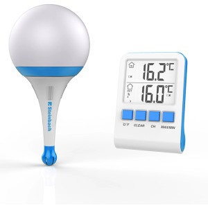 Lampe solaire avec thermomètre sans fil pour piscine : lampe sphérique et thermomètre numérique.