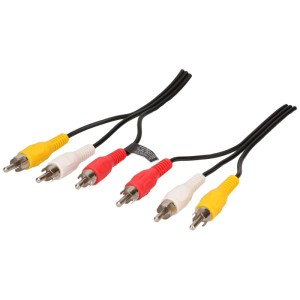 Cavo Cinch video Schwaiger, 5m, nero, con connettori rosso, bianco e giallo per trasmissione audio e video.
