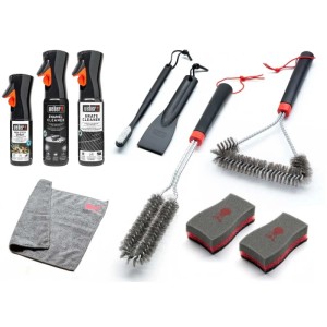 Kit de nettoyage Weber pour barbecues à gaz émaillés avec brosses, nettoyant, grattoir et éponges.