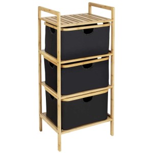 Étagère Wenko Ecori à 3 niveaux en bambou avec 3 paniers en tissu noir.