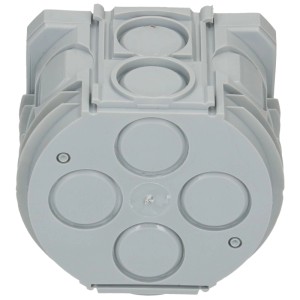 Scatola da incasso grigia in termoplastica per montaggio a parete.