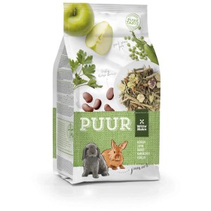 Witte Molen Puur Junior cibo per conigli, confezione da 600g con mela, piselli, erbe e illustrazione di coniglio.