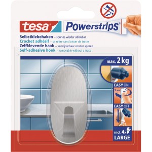 Tesa Crochet adhésif ovale en acier inoxydable avec Powerstrips pour un poids jusqu'à 2 kg.