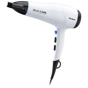 Sèche-cheveux Trisa Silk Care blanc avec technologie ionique et boucle de suspension.