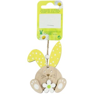 Decorazione pasquale coniglietto in legno, 8 cm, naturale e giallo, da appendere. Decorazione primaverile per Pasqua.