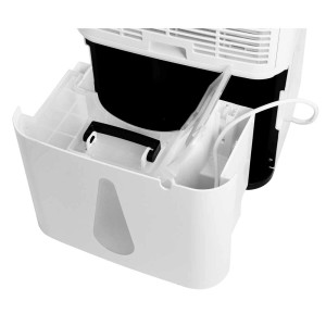 Gros plan du déshumidificateur blanc Emerio 30 l avec le réservoir d'eau retiré.
