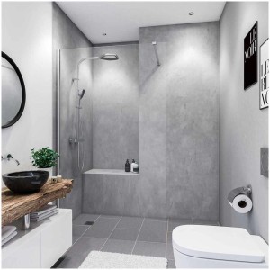 Bagno moderno con pannello posteriore doccia Breuer effetto cemento grigio, 150x255 cm.