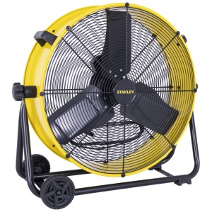 Ventilateur industriel Stanley jaune Ø 61 cm avec grille de protection noire et support.