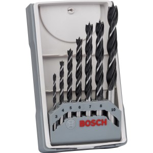 Jeu de forets à bois Bosch Pro, 7 pièces dans un boîtier gris avec indication des tailles.