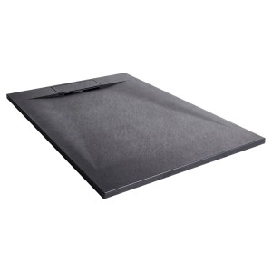 Receveur de douche noir mat aspect pierre en plastique, plat, avec surface texturée et bonde latérale.