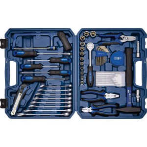 Mallette à outils LUX Classic bleue ouverte, 54 pièces avec outils comme marteau, tournevis, pinces, clés.
