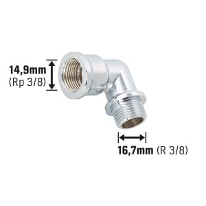 Raccordo a gomito filettato in ottone cromato (Rp 3/8 x R 3/8) per installazione tubi acqua e riscaldamento.