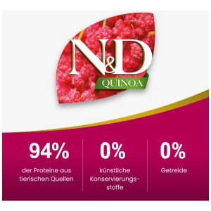 N&D Quinoa Weight Management Lamb Adult 1,5kg : Détails sur les protéines, les conservateurs et les céréales.