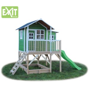Casetta da gioco in legno verde EXIT Loft 550 con scivolo, sabbiera e scala. Ideale per far giocare i bambini in giardino.
