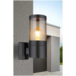 Applique d'extérieur moderne Globo en acier inoxydable noir mat avec cylindre fumé. Luminaire mural pour l'extérieur.