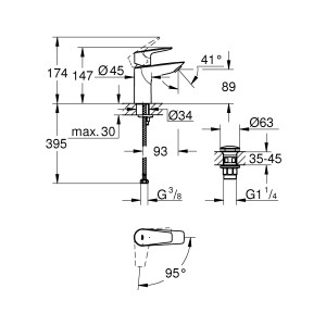 Dessin technique : Mitigeur de lavabo Grohe QuickFix Start Edge avec dimensions et détails.