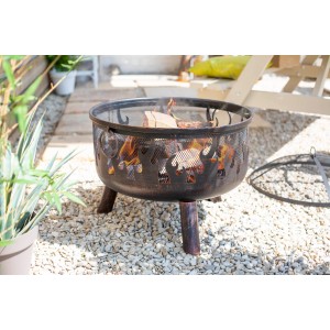 Brasero Buschbeck Wildfire avec motif de flammes et grille pour des soirées conviviales au jardin.