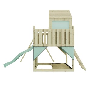 Torre giochi per bambini verde menta con scivolo e altalena, in legno non trattato.