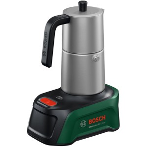 Bosch EasyMoka 18V-2 Inox Solo macchina da caffè a batteria, caraffa in acciaio su base verde.