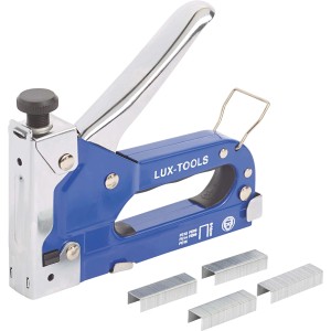 Cucitrice manuale LUX Classic, blu/argento, con punti metallici a filo fine. Ideale per fissare pannelli.