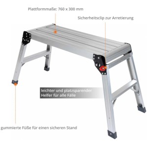 Piattaforma di lavoro in alluminio Güde GAAP 760, pieghevole, con piedini antiscivolo per una presa sicura.