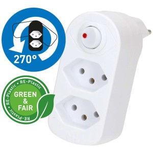 Weißer Abzweigstecker mit 2 T13 Steckdosen, drehbar und mit Schalter für flexible Ausrichtung.