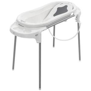 Station de bain bébé Rotho Top Xtra blanche (longueur 102 cm) avec cadre réglable et rangements.
