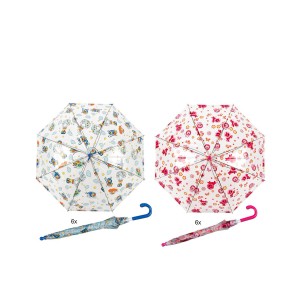 Zwei transparente Kinder Regenschirme mit bunten Motiven und gebogenem Griff.