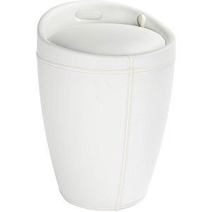 Tabouret de salle de bain Wenko Candy White aspect cuir, avec assise rembourrée et sac à linge.