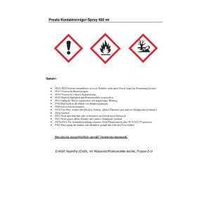 Istruzioni di sicurezza per lo spray detergente per contatti Presto 400 ml: Simboli di pericolo e avvertenze.