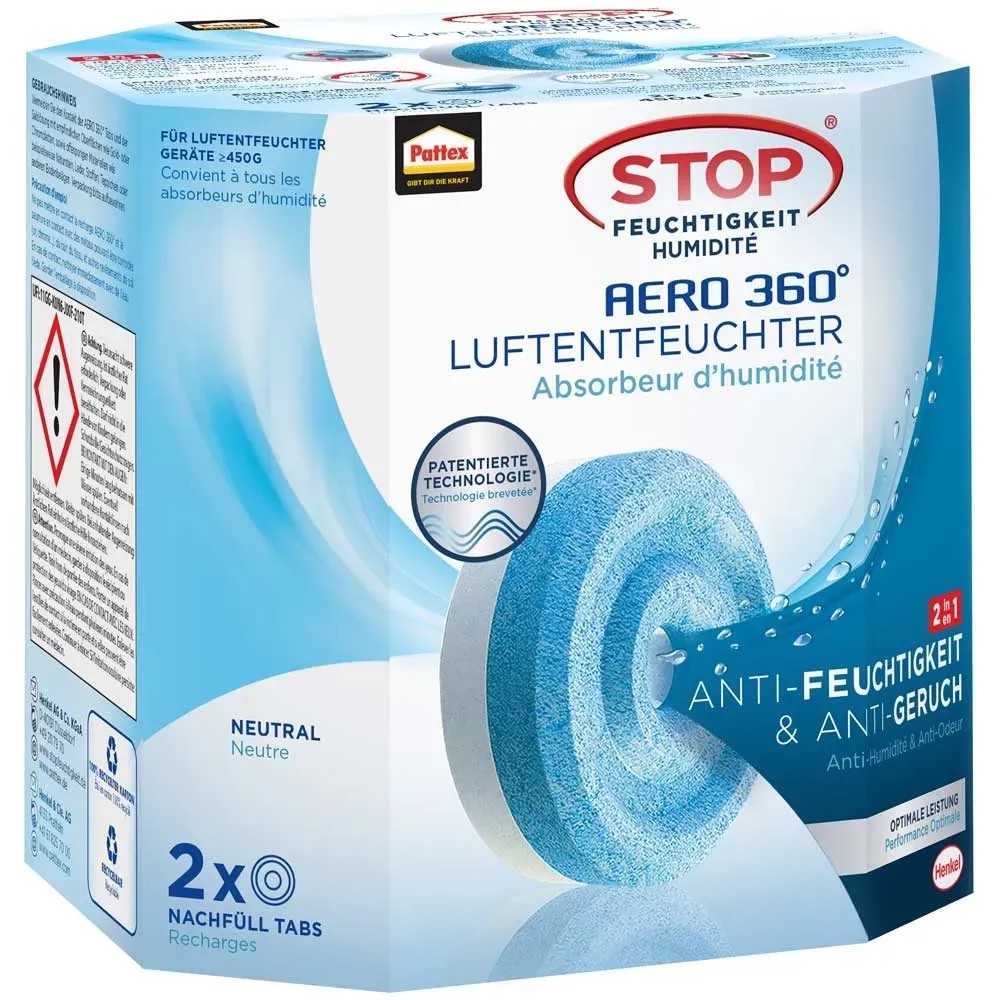 Pattex Luftentfeuchter Aero 360°, Nachfüller Reine Frische, 2 x 450 g
