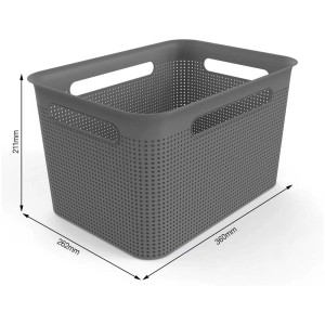 Anthrazitfarbene Rotho Brisen Aufbewahrungsbox 16 l mit Griffen und Lochmuster.