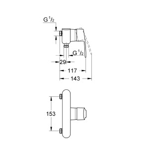 Disegno tecnico: Miscelatore monocomando per doccia Grohe Eurostyle Cosmopolitan, cromo, con dimensioni.